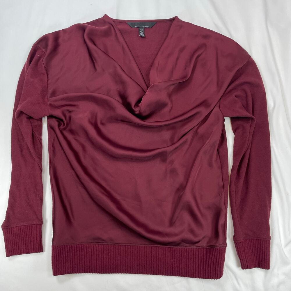 WHBM Burgundy Red Drape Neck Sweater Mixed Media Satin Ribbed Knit XS Women